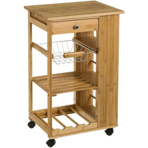 Carrello Cucina legno Bambu Cassetto Cestello Portabottiglie 3 Ripiani Laterali