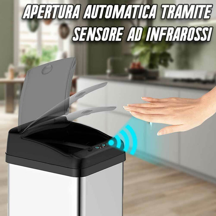 Pattumiera Automatica cn Sensore Elettrico 58Lt Bidone Spazzatura Cucina Acciaio