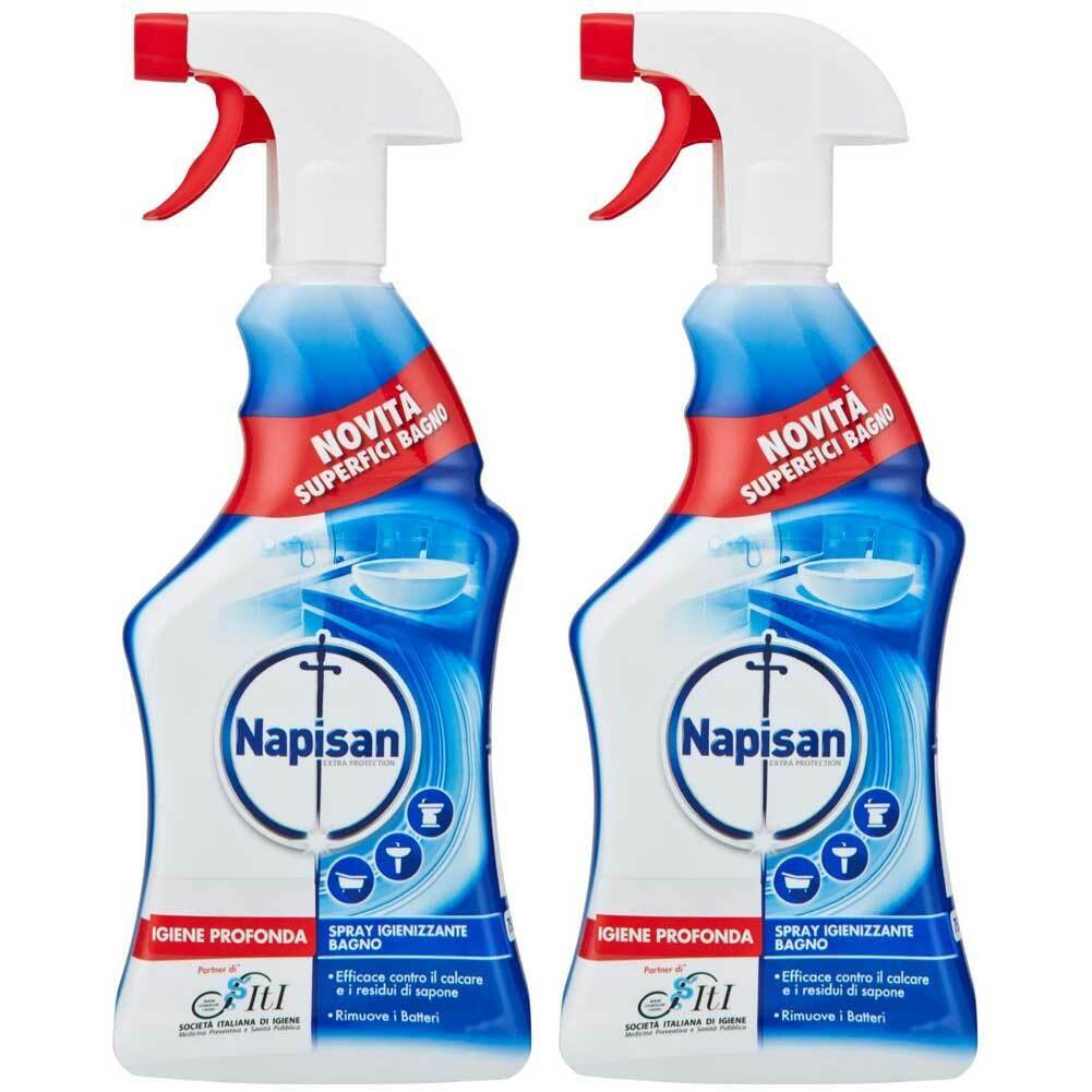 2 x Napisan Igiene Spray Bagno Flacone 750 ml Ossigeno Attivo Rimuovi Calcare