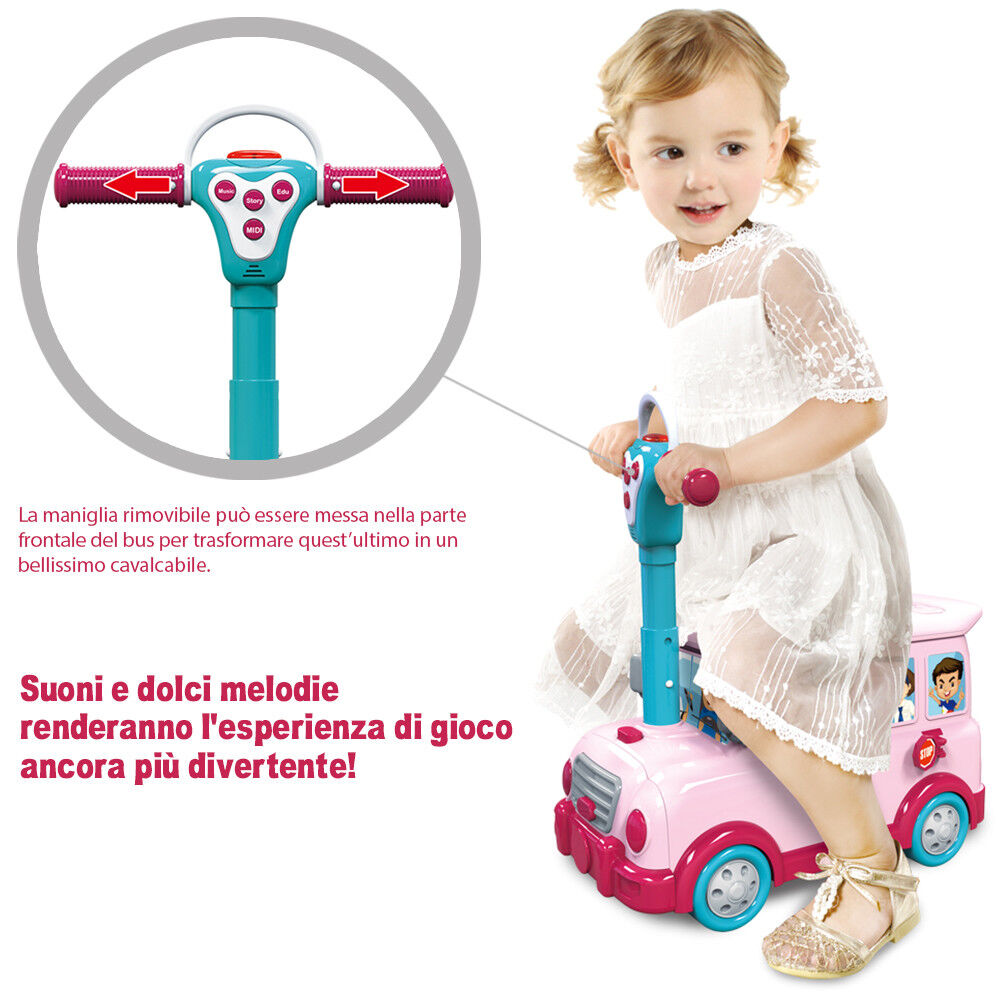 Cavalcabile Trolley Schoolbus Cucina Giocattolo Bambini 3in1 Luci Suoni Accessor