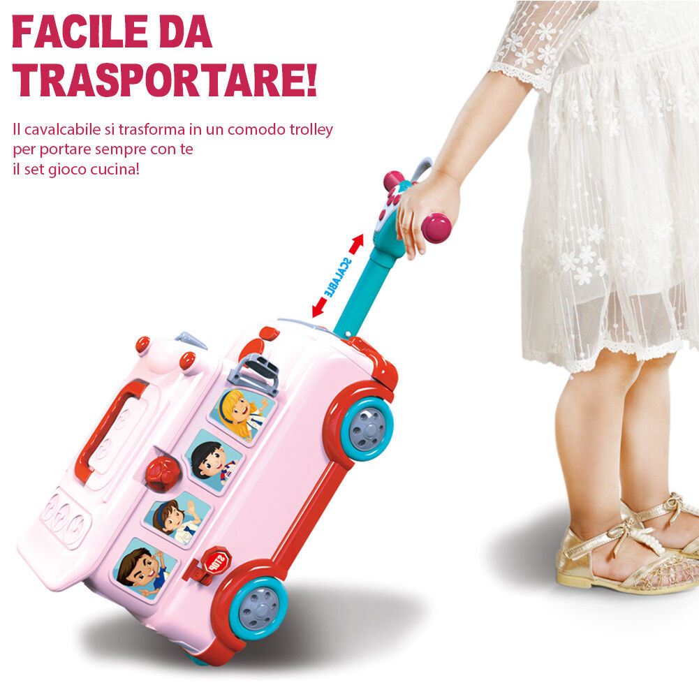 Cavalcabile Trolley Schoolbus Cucina Giocattolo Bambini 3in1 Luci Suoni Accessor