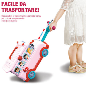 Cavalcabile Trolley Schoolbus Cucina Giocattolo Bambini 3in1 Luci Suoni Accessor