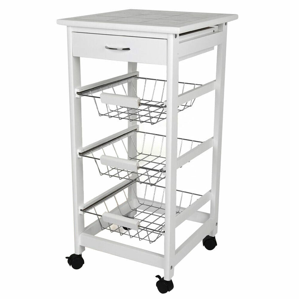 Carrello Cucina legno con Cassetto 3 Cestelli e Ripiano 9 Mattonelle in Ceramica