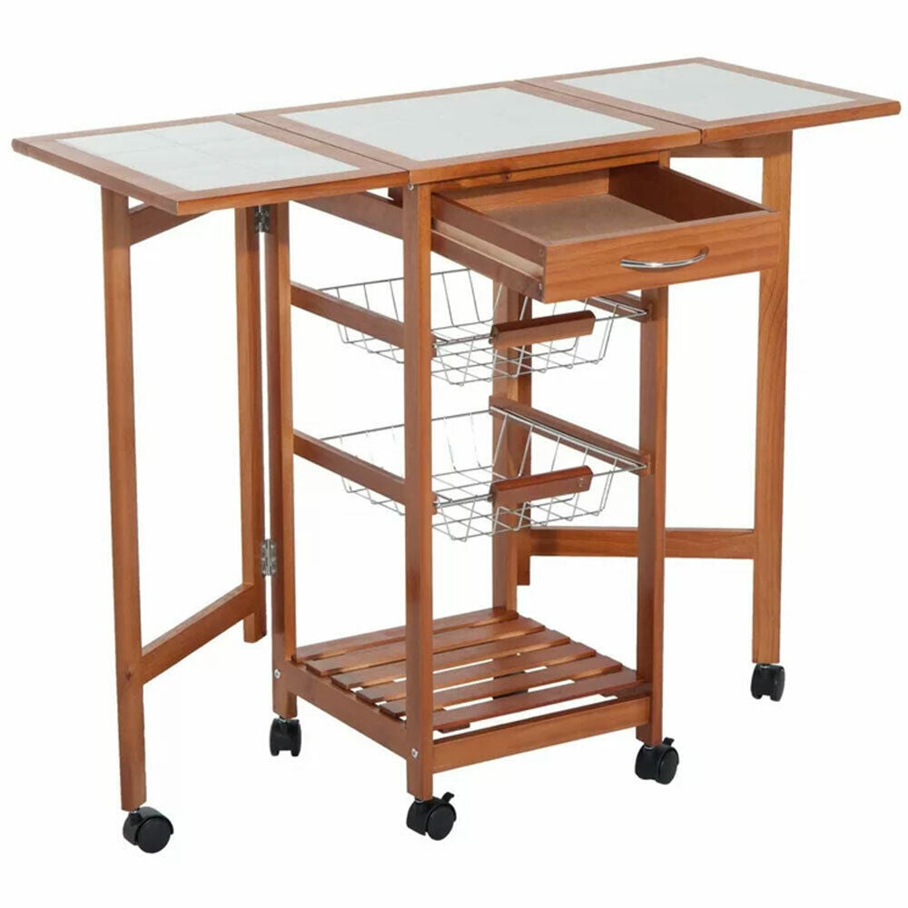 Carrello Cucina Legno Estensibile con Ripiani Pieghevoli 3 Cestelli e Cassetto