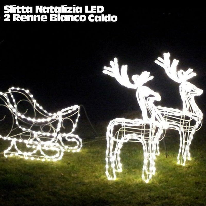 Slitta Natalizia LED Con 2 Renne Luminose Bianco Caldo Uso Interno Ed Esterno