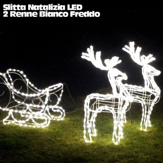 Slitta Natalizia LED con 2 Renne Luminose Bianco Freddo x uso Interno ed Esterno