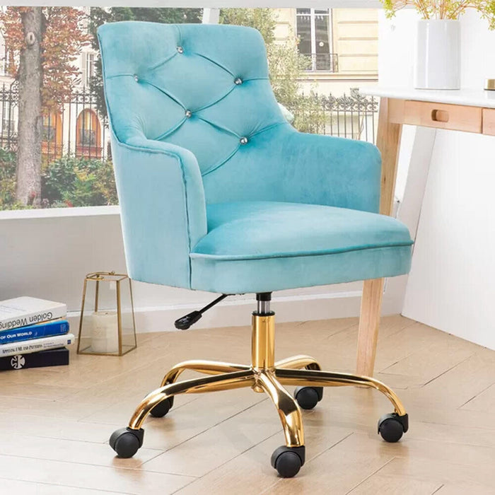 Sedia da Ufficio Ergonomica Girevole 360° Poltrona Velluto Azzurro e Gambe Oro