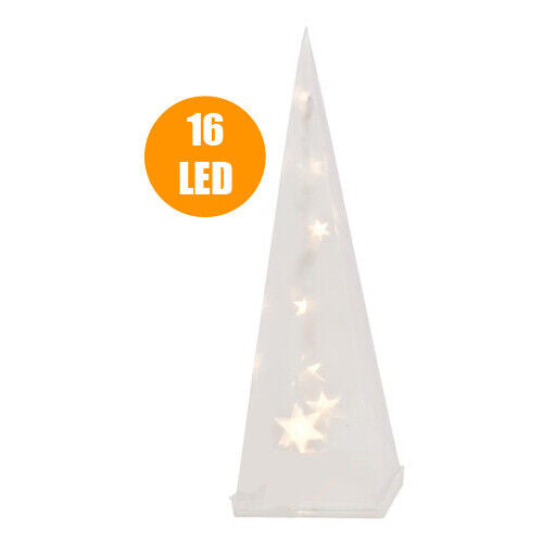 Piramide Natale Luminosa 16 LED Plastica Trasparente 60 cm Luce Bianco Caldo