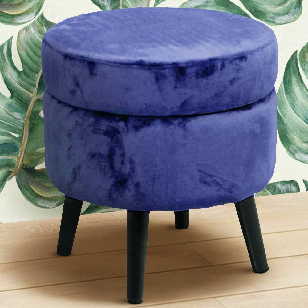 Pouf Contenitore Sgabello Cassapanca Poggiapiedi in Tessuto Velluto Blu 37x40