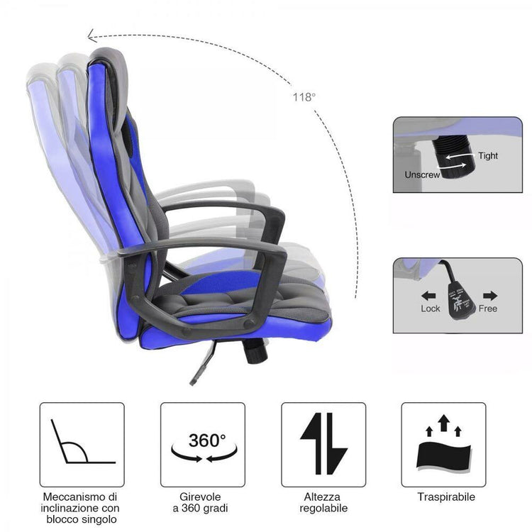 Sedia Poltrona Gaming Scrivania Ufficio Casa Regolabile Girevole Direzionale Blu