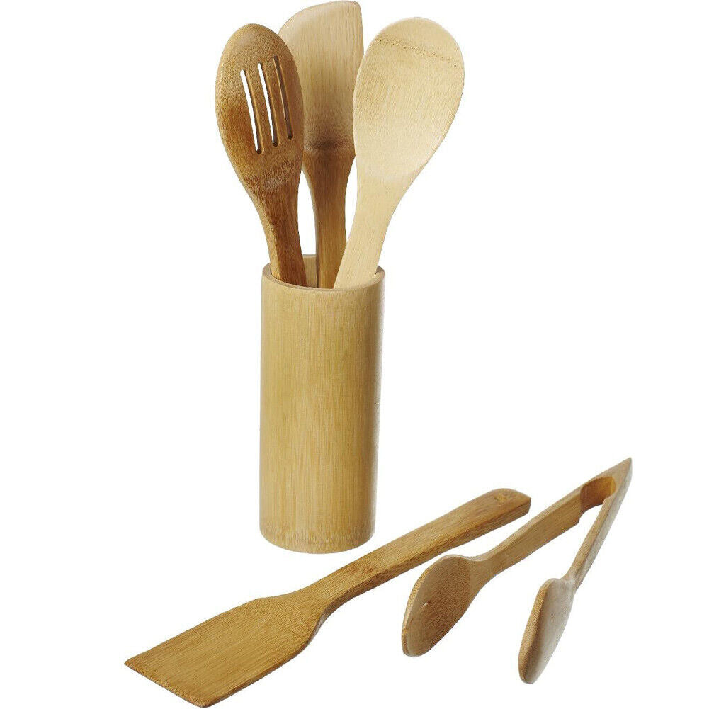 Set 6 Utensili da Cucina Strumenti in Bamboo Supporto Porta Mestoli Resistente