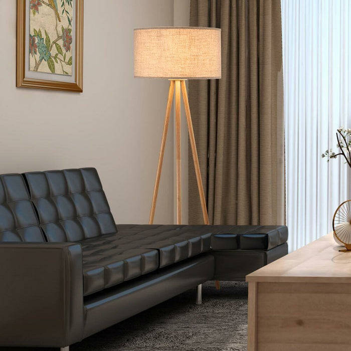 Lampada Piantana Terra Design Moderno in Legno Paralume Tessuto Luce E27 Beige