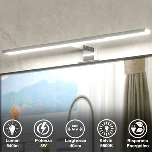 Lampada Specchio Bagno Applique Parete 40cm Luce LED 8W 6500K 640lm in Alluminio