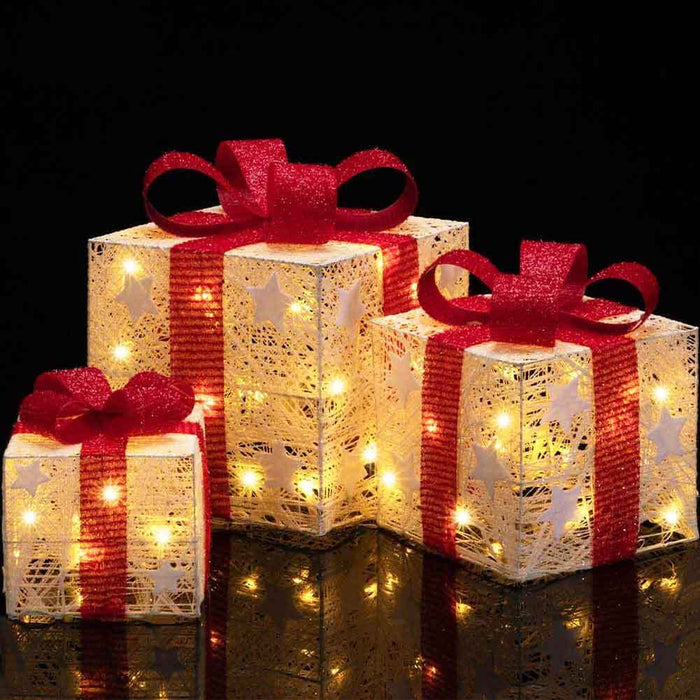 Set 3 Pacchetti Pacchi Regalo Luminosi di Natale con Stelle Decorazione Addobbo