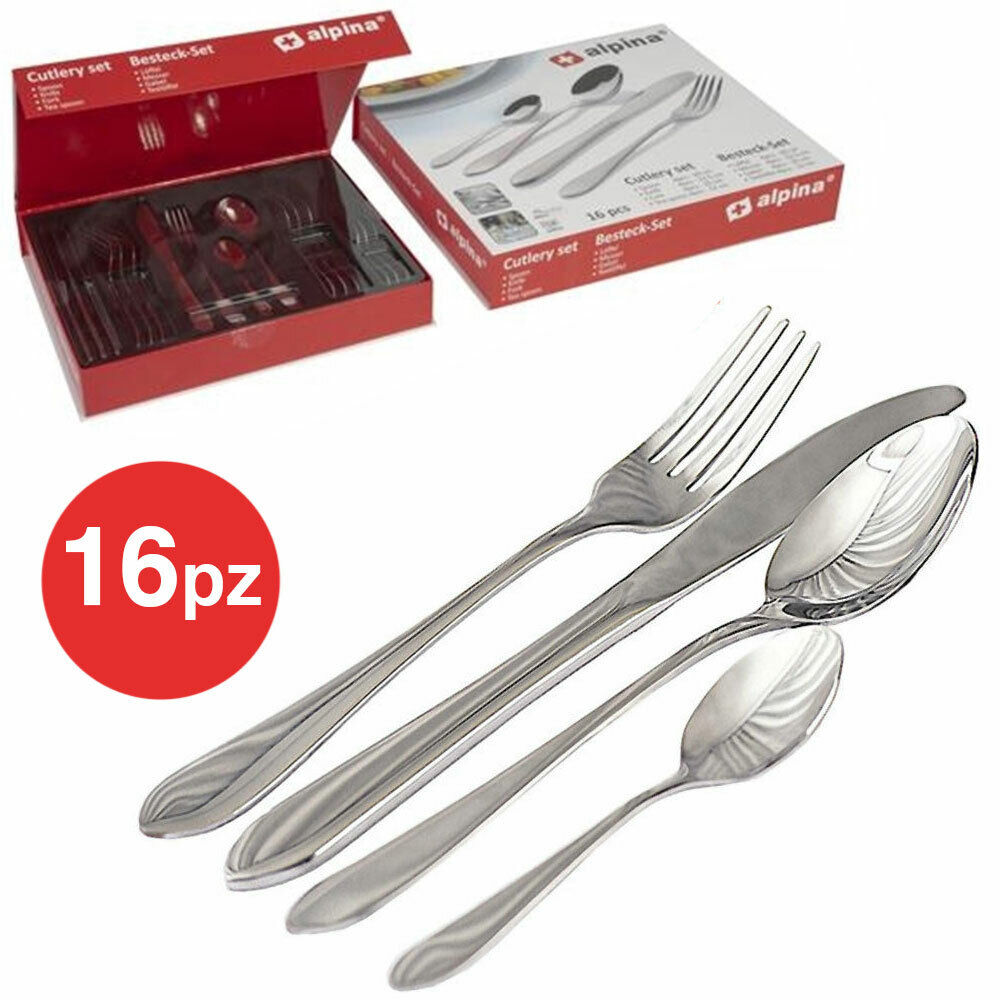 Set Servizio 16 Posate 4 Persone in Acciaio Inox con Forchette Cucchiai Coltelli