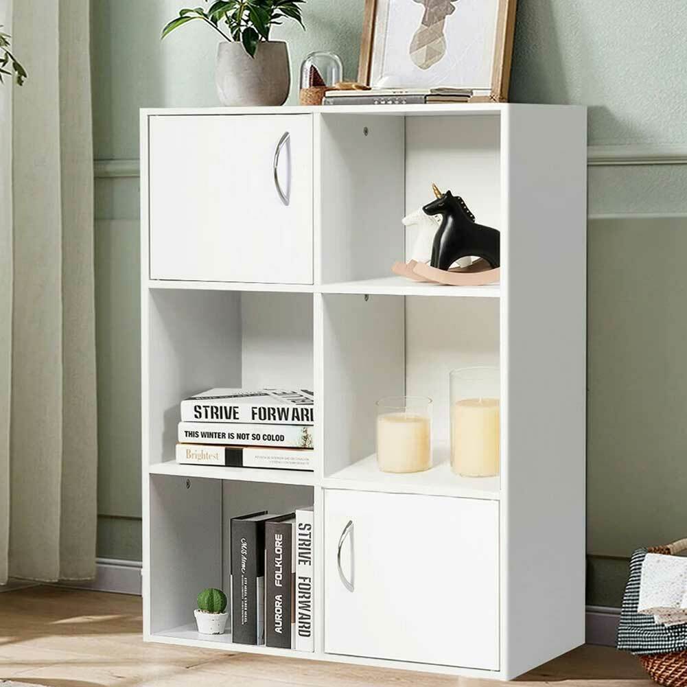 Mobile Libreria 6 Ripiani 2 Ante Scaffale in Legno MDF Design Moderno Bianco