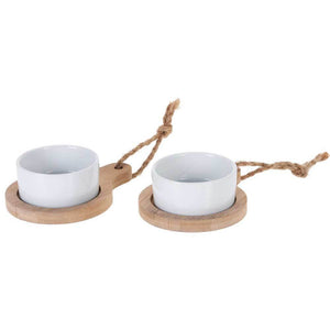 Set 2 Ciotole in Ceramica con Base in Legno di Bambu per Stuzzichini e Contorni