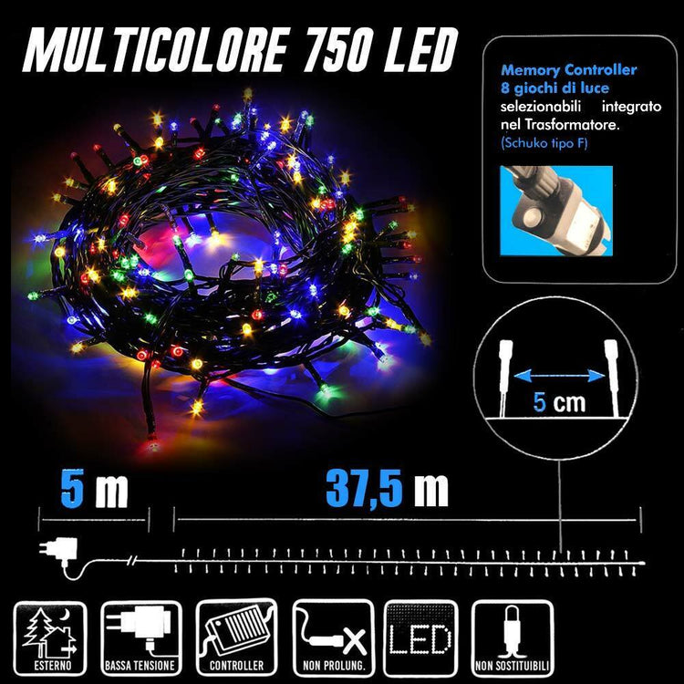 Catena Luminosa 750 Luci LED Lucciole Multicolore Controller 8 Funzioni Esterno