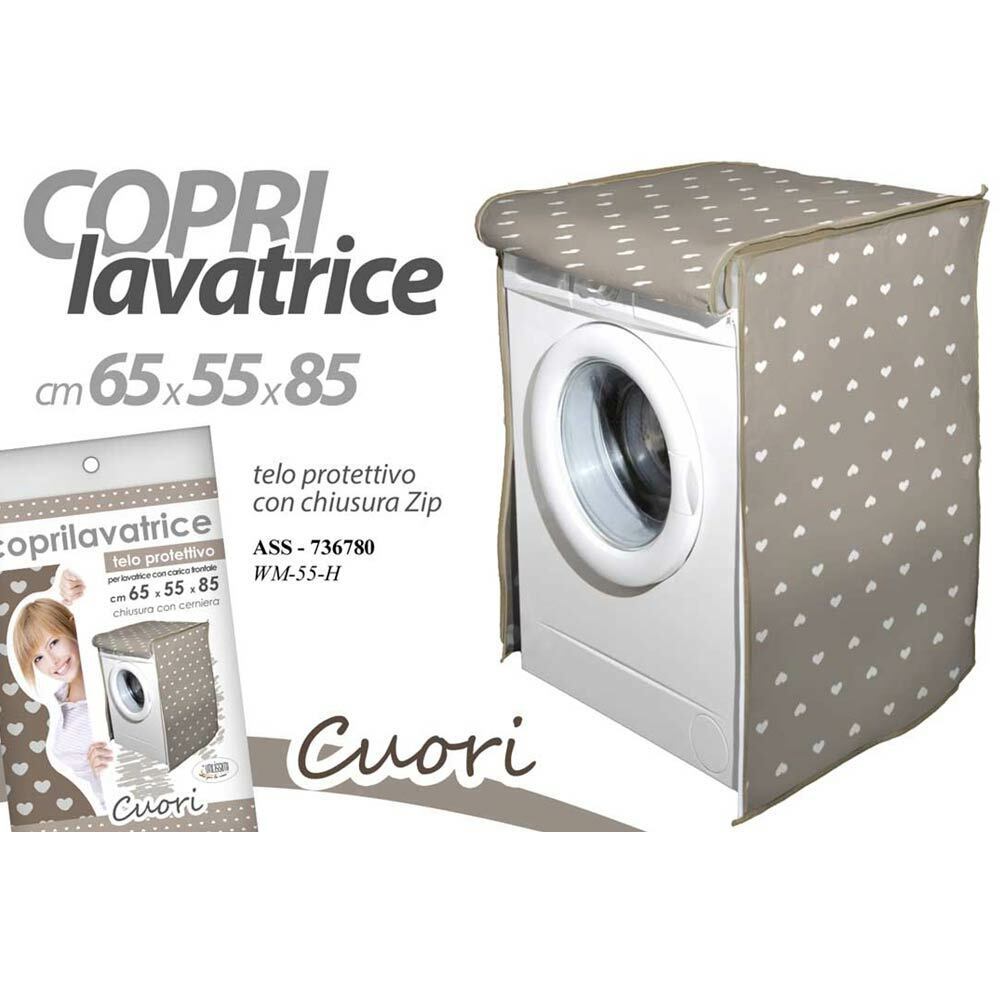 Telo Copertura Lavatrice Protezione Tessuto Chiusura ZIP Cuori Tortora 65x55x85