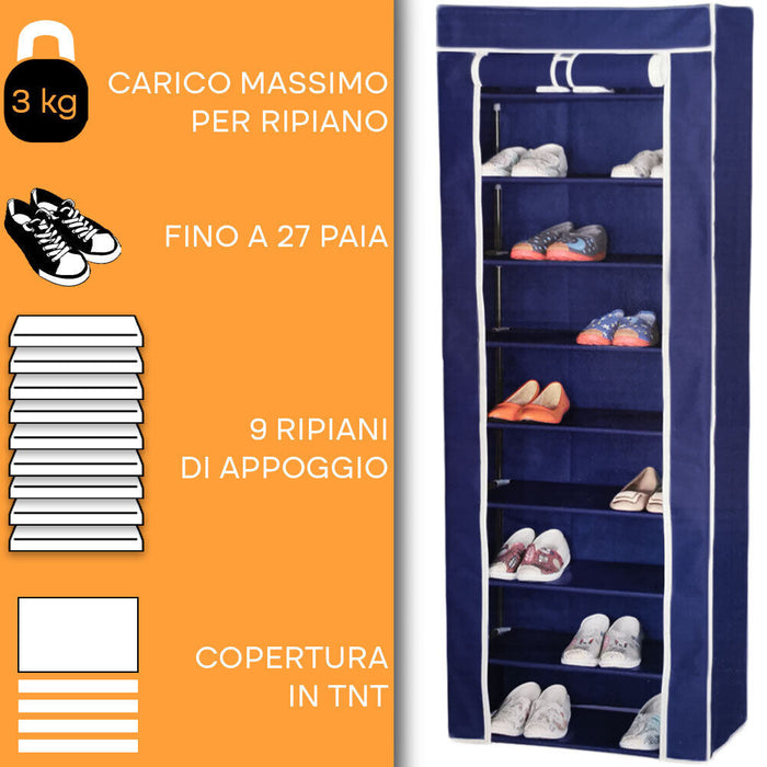 Scarpiera Salvaspazio Portascarpe 9 Ripiani Colore Blu in Tessuto Impermeabile