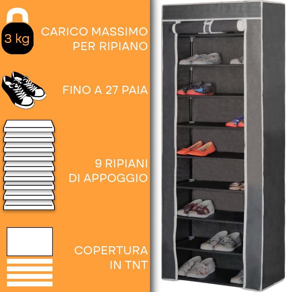 Scarpiera Salvaspazio Portascarpe 9 Ripiani Colore Grigio Tessuto Impermeabile