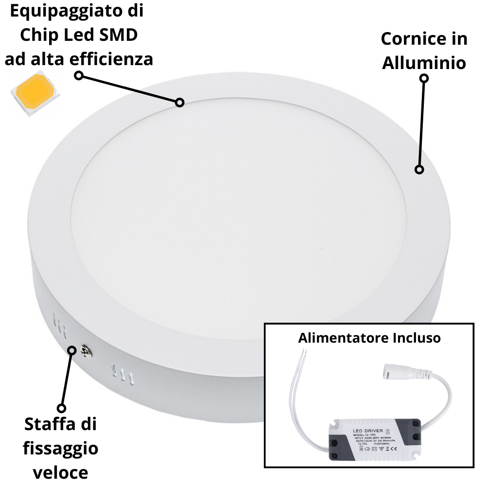 Plafoniera led soffitto 24watt slim tonda alimentatore incluso temperatura 4500k bianco naturale