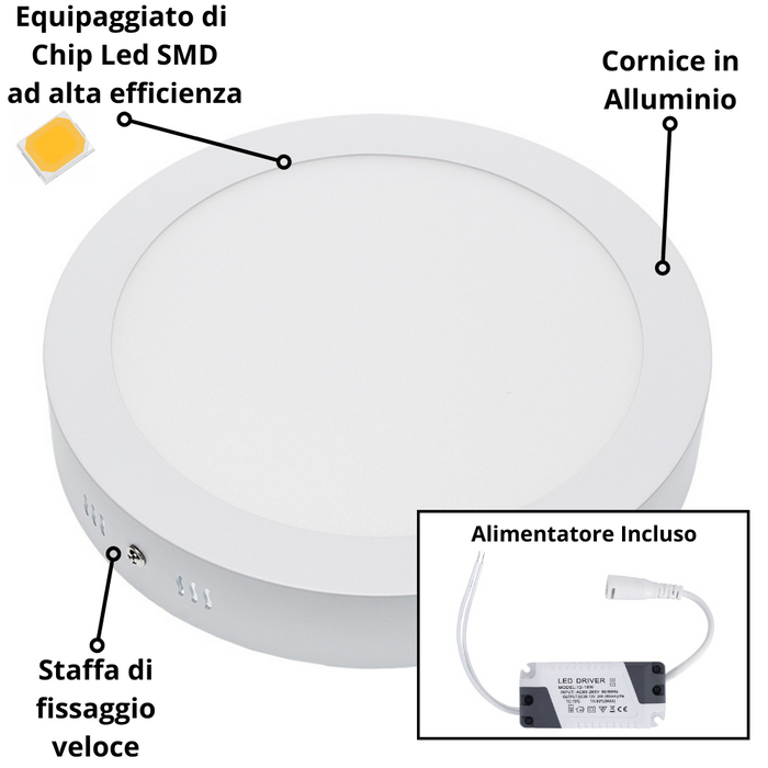 Plafoniera led soffitto 24watt slim tonda alimentatore incluso temperatura 4500k bianco naturale