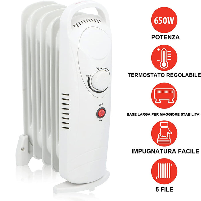 Radiatore ad Olio 5 Elementi a Basso Consumo Energetico Potenza 650 Watt