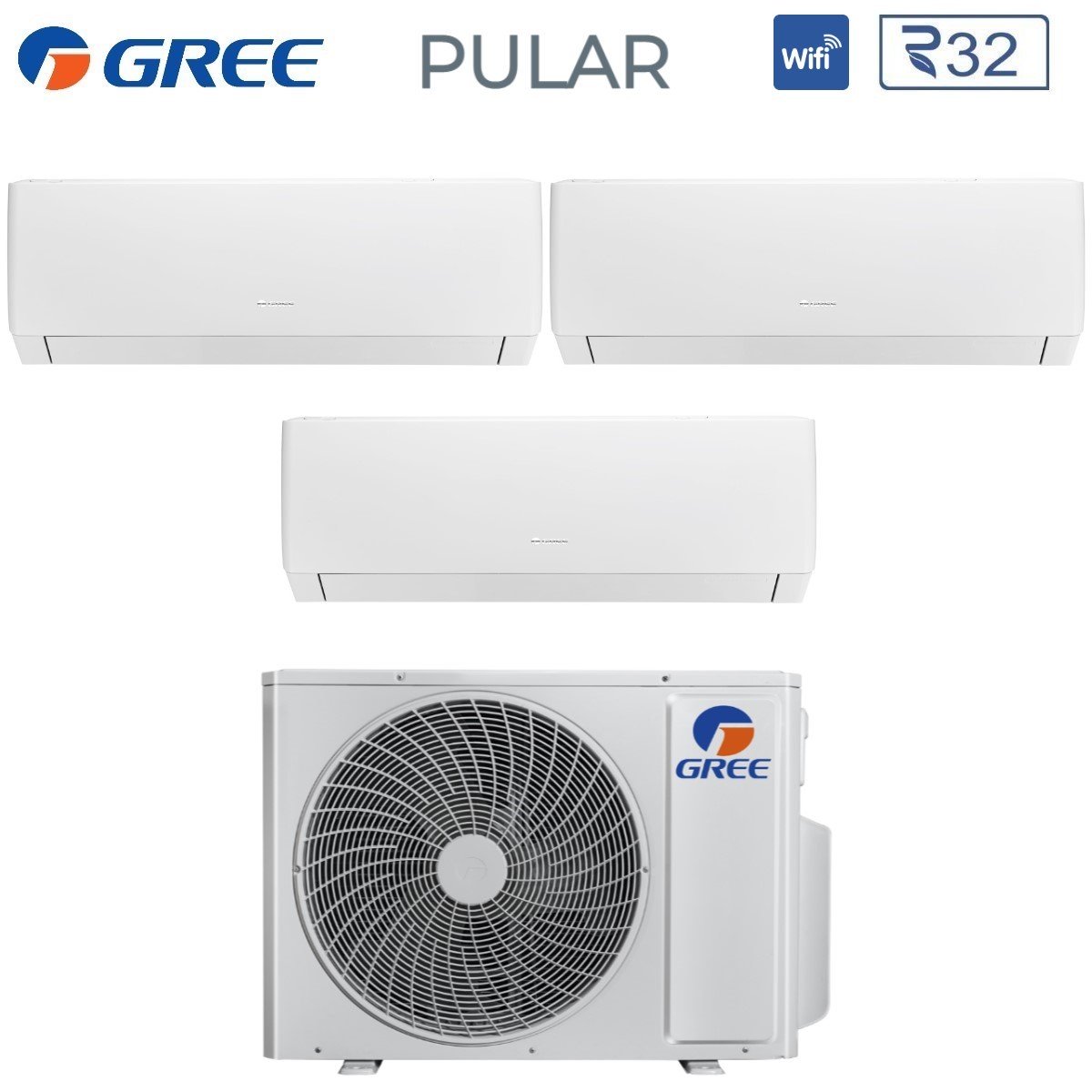 Climatizzatore Condizionatore Gree Trial Split Inverter serie PULAR 9+18+18 con GWHD(42)NK6LO R-32 Wi-Fi Integrato 9000+18000+18000 btu