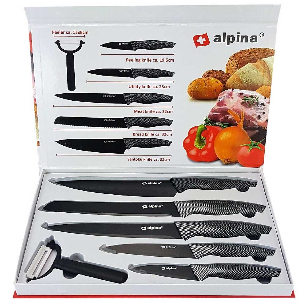 Set 6 Coltelli e Pelapatate Acciaio Inossidabile Antiaderente Carne Pesce Alpina