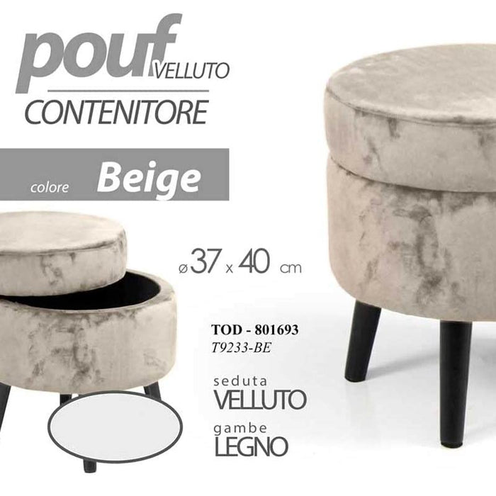 Pouf Contenitore Sgabello Cassapanca Poggiapiedi in Tessuto Velluto Beige 37x40