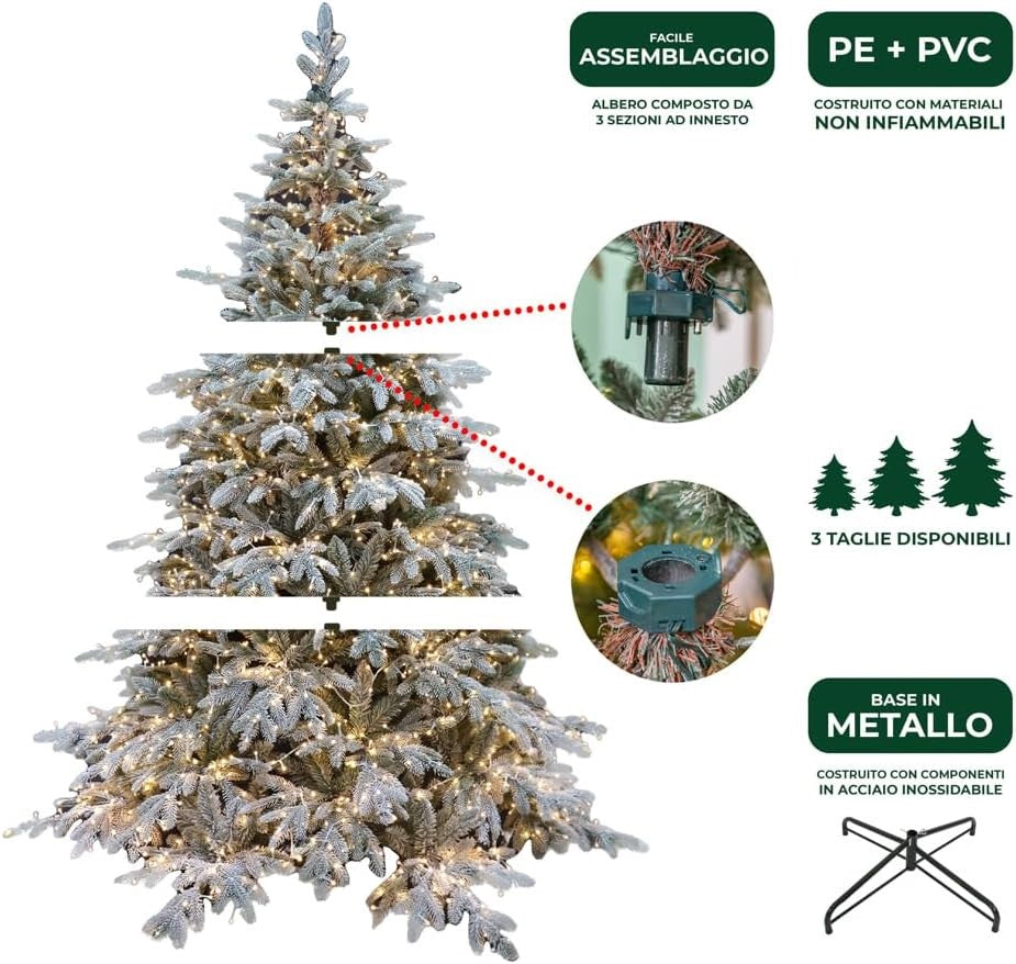 Albero di Natale Pino Verde Innevato H 240cm x L 165cm Super Folto Effetto Real-Touch con 3000 Luci Led Incorporate e Base Croce in Ferro Pieghevole