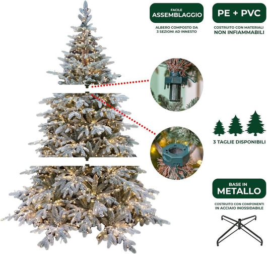 Albero di Natale Pino Verde Innevato H 240cm x L 165cm Super Folto Effetto Real-Touch con 3000 Luci Led Incorporate e Base Croce in Ferro Pieghevole