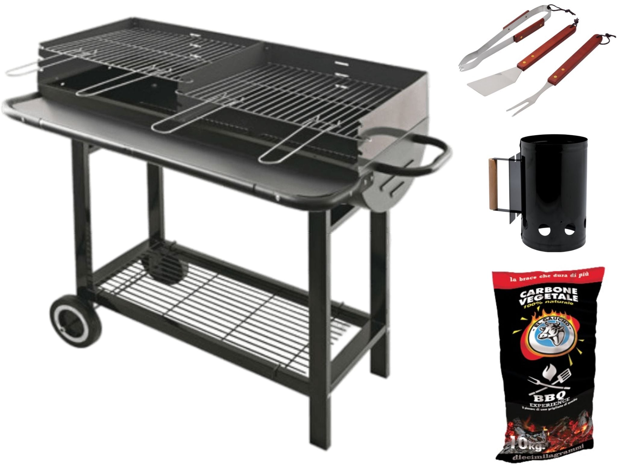 Barbecue a carbone El Gaucho 2 griglie da cm 41x27 + set attrezzi + starter + 10 kg carbonella