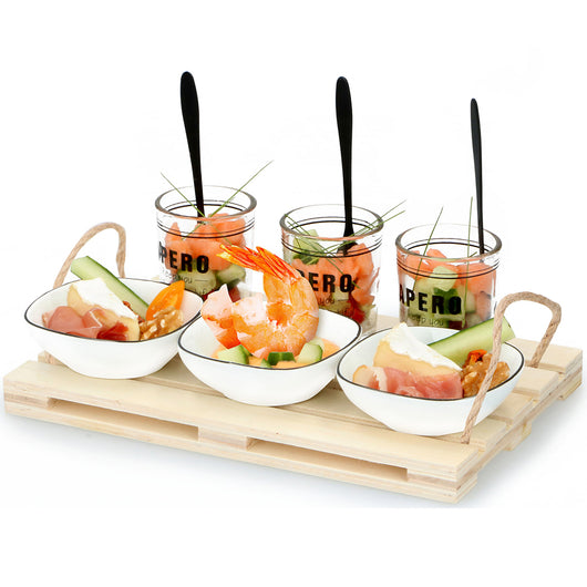 Set Aperitivo Antipasto Mini Pallet Bicchieri Ciotole Ceramica Piatti da Portata