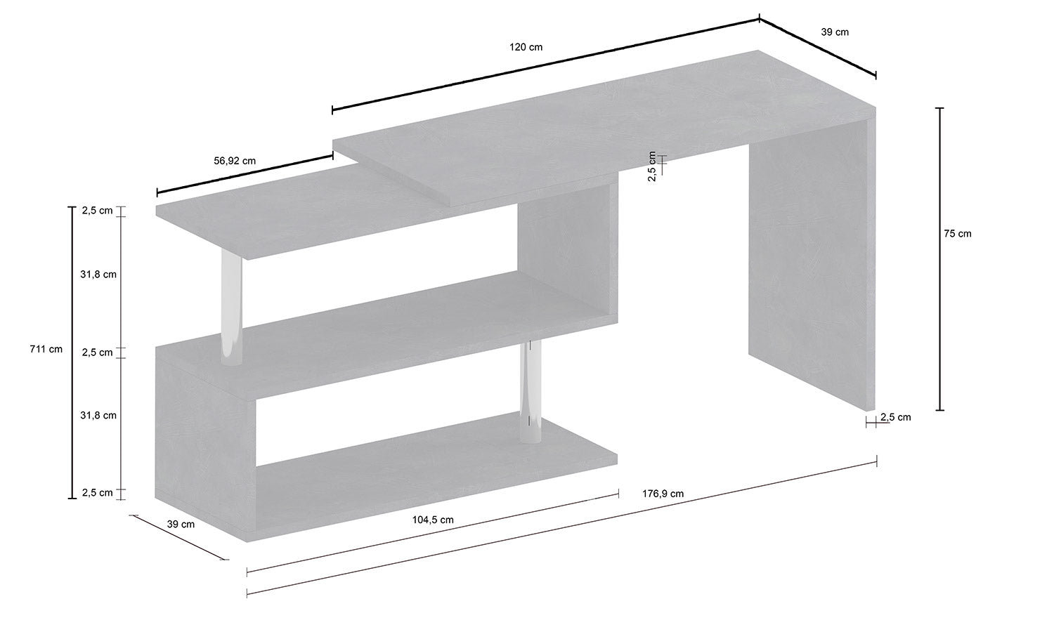 Scrivania con Gamba ad S Girevole 120/65x50x75 cm Volta Bianco Lucido