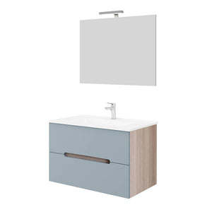 Kit Mobile Bagno Sospeso A 2 Cassetti Color Blu Opaco E Rovere Fumo 60X47Xh57 Cm Con Lavabo In Ceramica, Specchio E Led - Bigmat