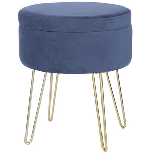 Pouf Contenitore in Velluto Poggiapiedi con 4 Gambe in Oro 37,5 x 45 cm Blu