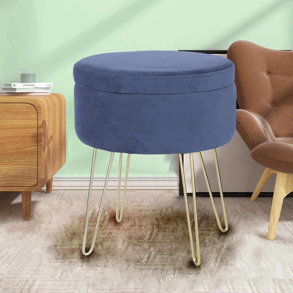 Pouf Contenitore in Velluto Poggiapiedi con 4 Gambe in Oro 37,5 x 45 cm Blu