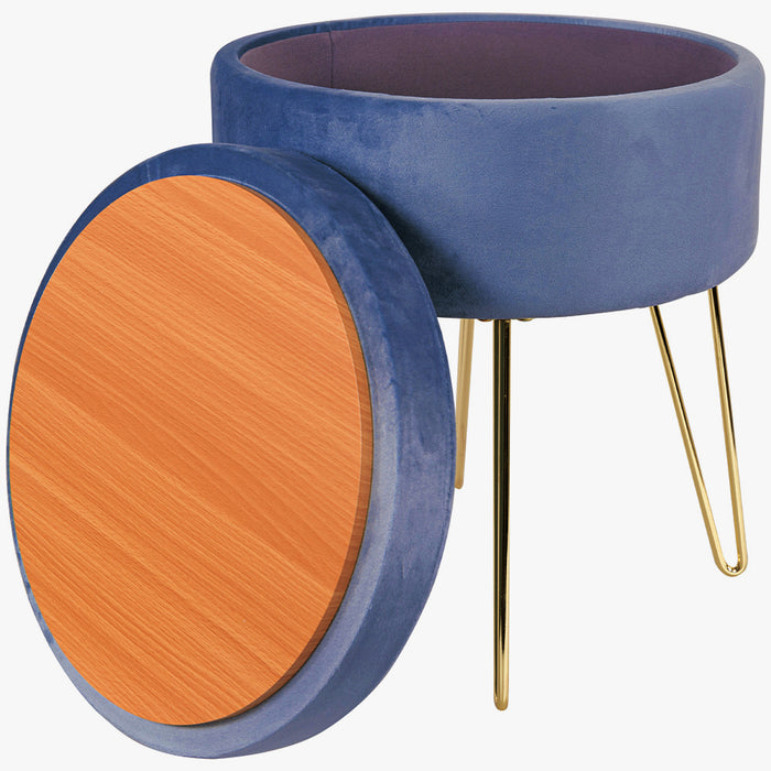 Pouf Contenitore in Velluto Poggiapiedi con 4 Gambe in Oro 37,5 x 45 cm Blu