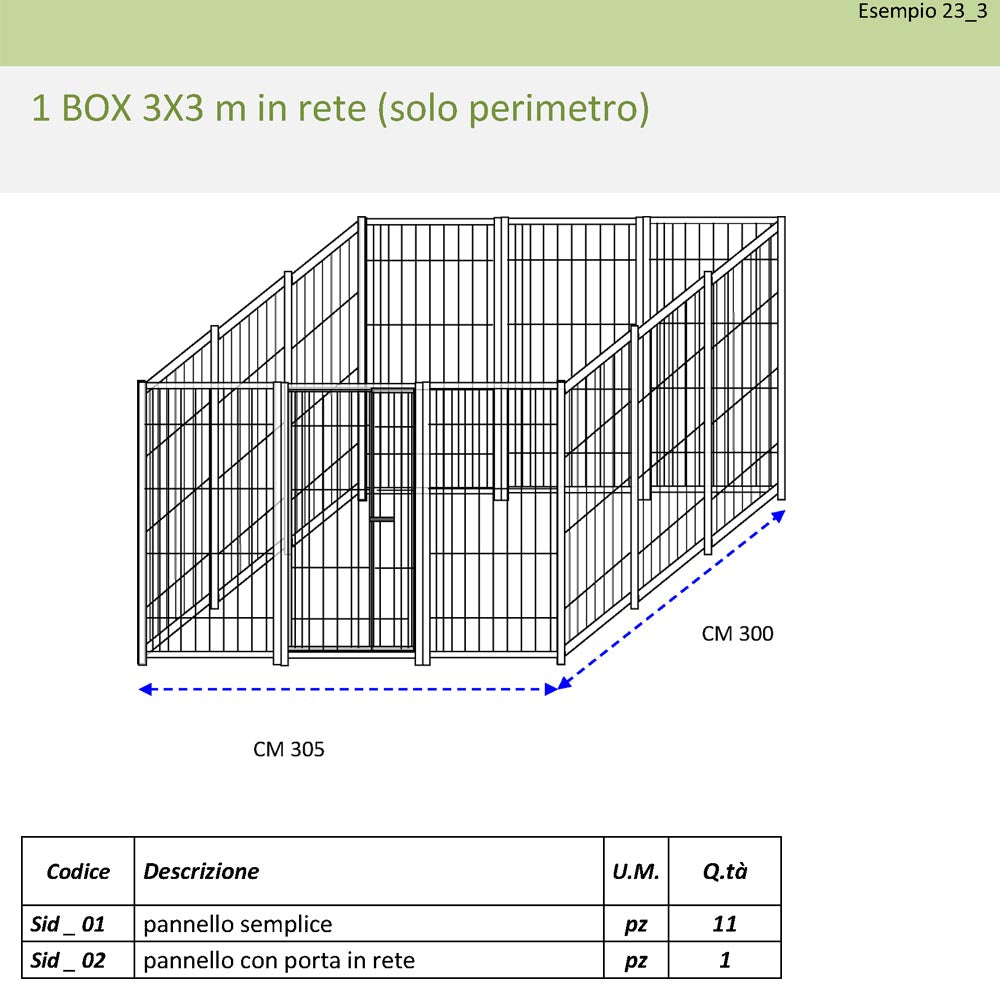 Recinto per cani da 3x3 metri solo perimetro modulare con zincatura a caldo