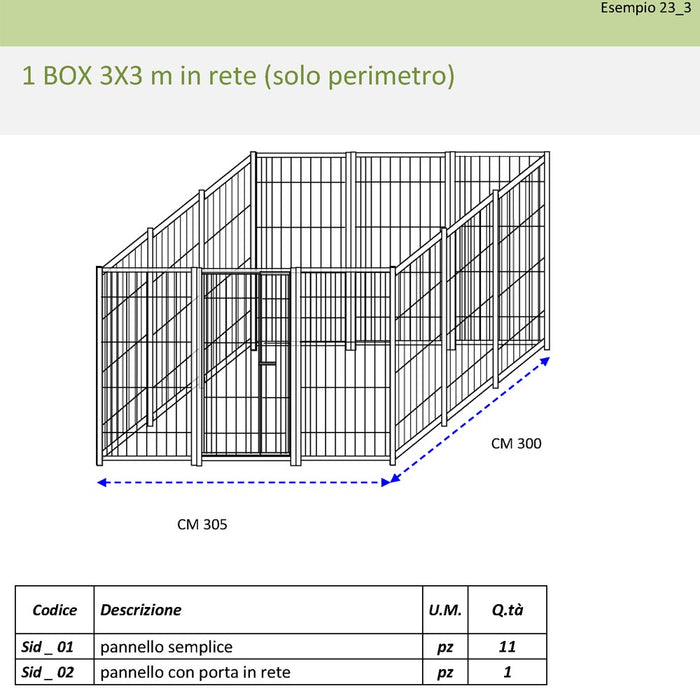 Recinto per cani da 3x3 metri solo perimetro modulare con zincatura a caldo