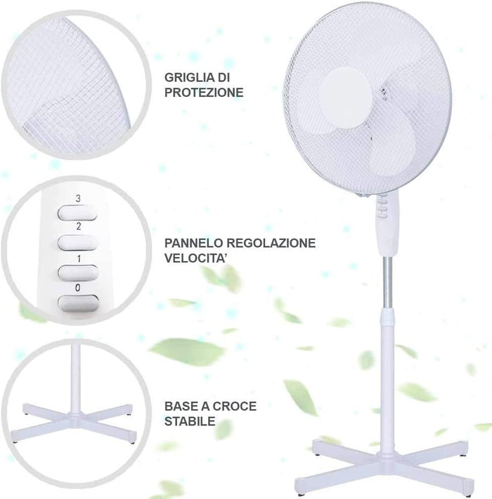 Ventilatore a Piantana 45W Pale 40 cm 3 Velocita e Altezza Colonna regolabile