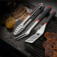 Set 3 Utensili Barbecue Forchettone Pinza Spatola Acciaio Inox Manico Soft Touch