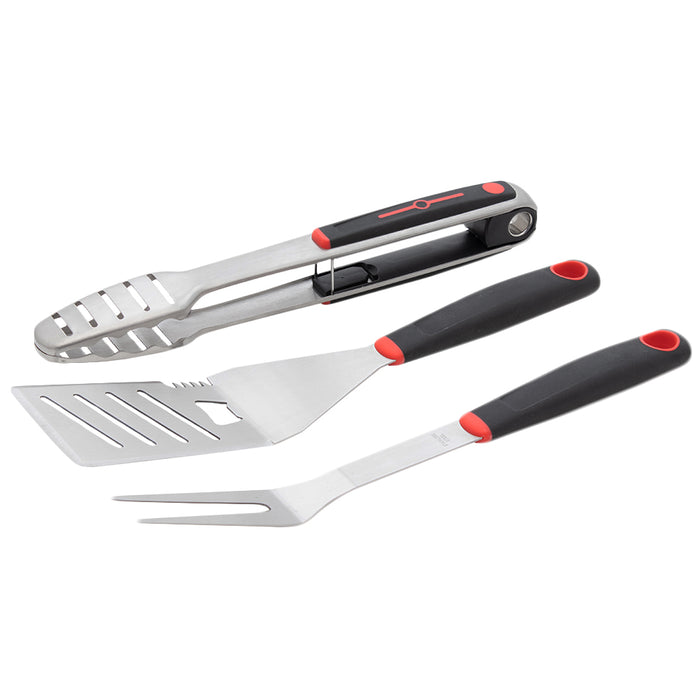 Set 3 Utensili Barbecue Forchettone Pinza Spatola Acciaio Inox Manico Soft Touch