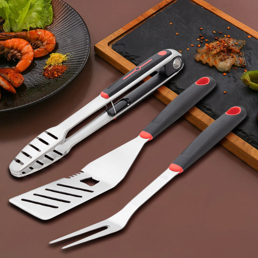 Set 3 Utensili Barbecue Forchettone Pinza Spatola Acciaio Inox Manico Soft Touch