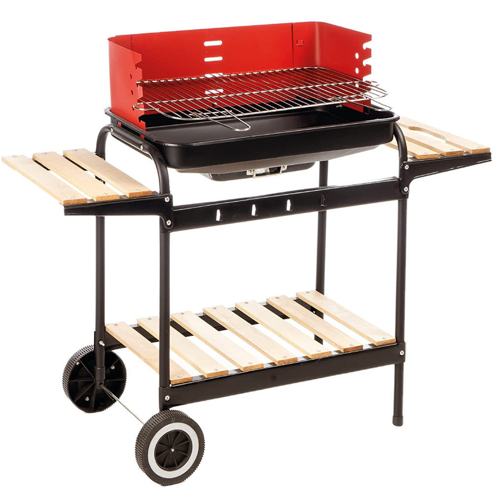 Barbecue Trolley a Carbonella In Metallo e Legno BBQ Braciere Portatile Ripiani