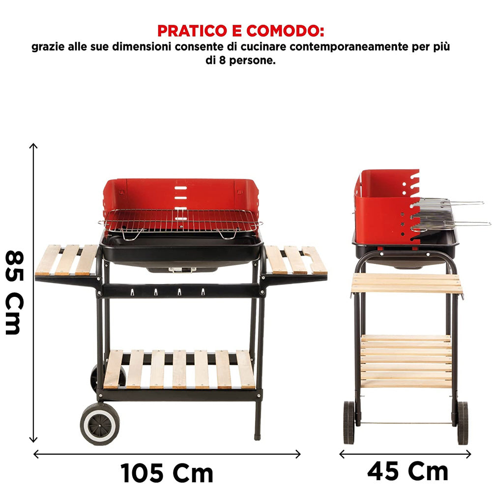 Barbecue Trolley a Carbonella In Metallo e Legno BBQ Braciere Portatile Ripiani