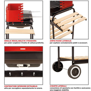 Barbecue Trolley a Carbonella In Metallo e Legno BBQ Braciere Portatile Ripiani