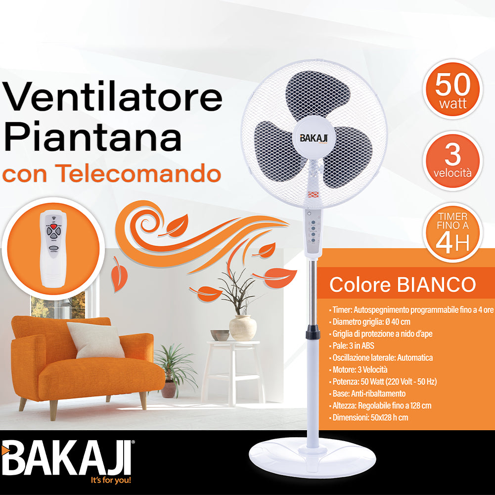 Ventilatore a Piantana Base Tonda con Telecomando 50W Bianco 3 Velocità + Timer